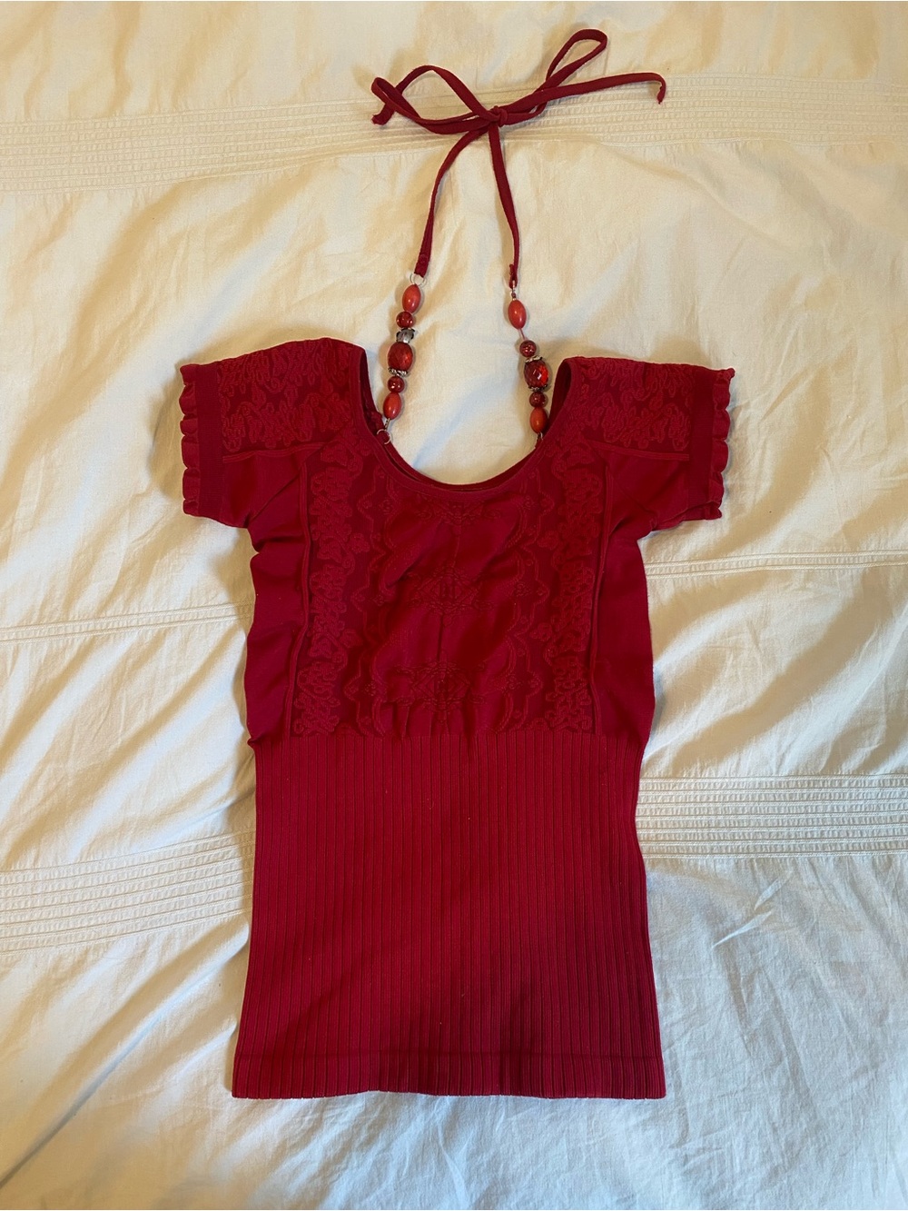 90s Red Embroidered Ribbed Women's Top